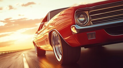 Retro car with chrome details on a sunset highway background, cinematic and stylish