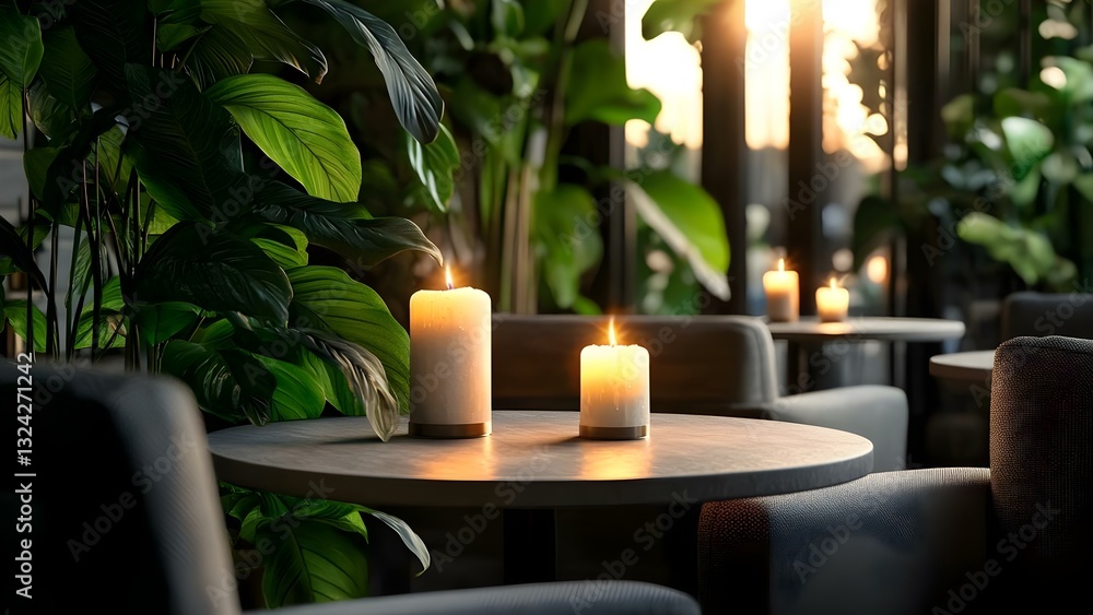 Poster a cozy setting with lit candles on a table surrounded by lush greenery and soft lighting creating a 