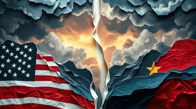 Die Fahnen von Amerika und China. Zwei sich gegen&uuml;berstehende gro&szlig;e Nationen.