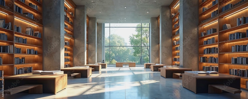 Poster Modern library as a tranquil hub of knowledge with sleek design and open spaces