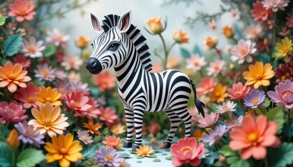 Adorable Zebra in Vibrant Flower Garden Cute Animal Illustration