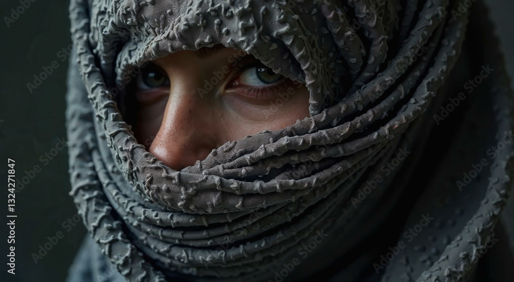 Poster artistic rendering of a face covered with textured fabric emphasizing shadows and depth