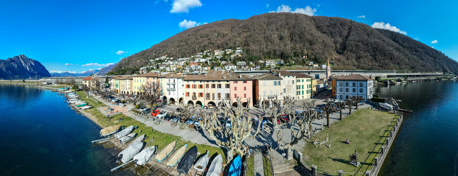 Drone view at the village of Bissone on lake Lugano, Switzerland