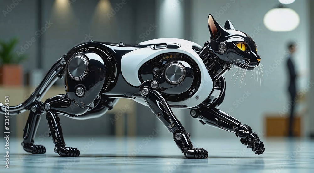 Poster conceptual portrayal of a robotic feline blending animal instincts with advanced technology