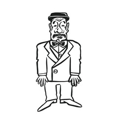 Retro gentleman in hat, line monochrome vector