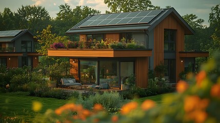 Fototapeta premium Solar power on rooftops in a calm living space with lush touch