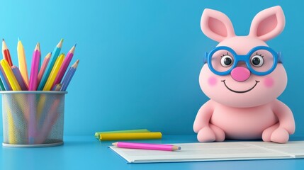 Fototapeta premium Cute Cartoon Bunny with Glasses and Colorful Stationery on Desk