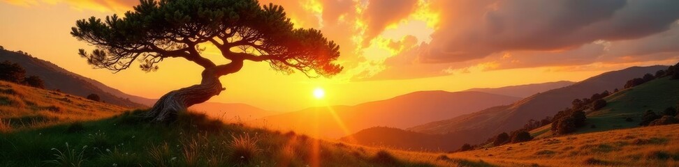 twisted cypress branch in golden sunset light, sunset, scenery