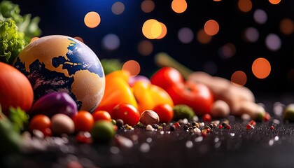 A vibrant display of fresh vegetables and fruits alongside a globe, symbolizing global nutrition and food diversity against a blurred, colorful background.