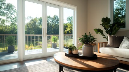 Fototapeta premium A cozy living room showcasing a comfortable couch and coffee table perfectly arranged for relaxation and social gathering