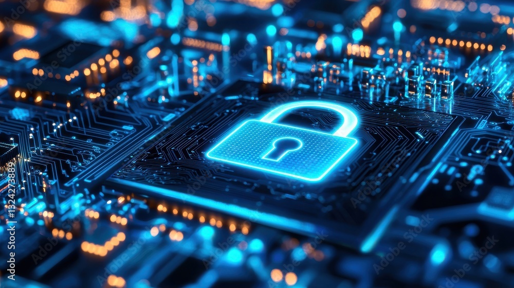 Poster cybersecurity concept with digital lock symbol and futuristic circuit board design on dark blue back