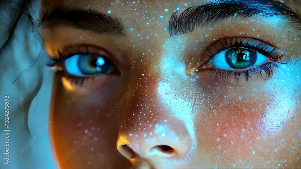 Poster artistic rendering of a human face with blue digital light patterns, symbolizing artificial intellig