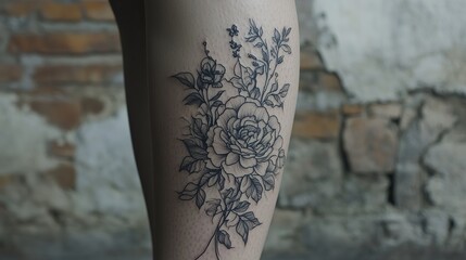 Floral tattoo design with detailed ink work on a leg.