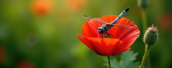 Fototapeta premium Urothemis signata dragonfly on a red poppy flower, insect photography, dragonfly, dragonfly life