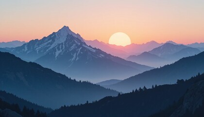 A minimalistic mountain landscape at sunset with soft pastel colors.
