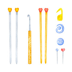 knitting set - crochet hook, knitting needles. Watercolor collection isolated hand drawn illustration on white background