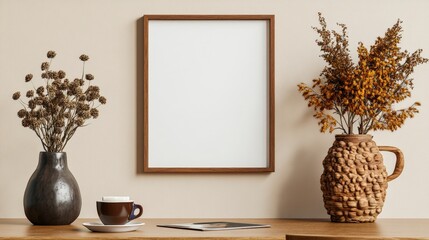 Fototapeta premium Dried flowers in a decorative vase next to an empty framed picture on a soft beige background for creative use