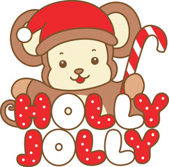 Cute Monkey christmas vector icon. Funny baby Monkey animal series christmas illustration.
