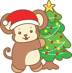 Cute Monkey christmas vector icon. Funny baby Monkey animal series christmas illustration.