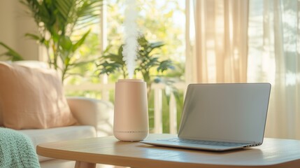 Fototapeta premium Cozy indoor workspace with laptop and aroma diffuser in bright natural light
