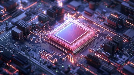 Fototapeta premium Quantum computer, large data processing, database concept. CPU isometric banner. Central Computer Processors CPU concept.Digital chip
