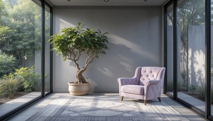 Fototapeta premium Serene Modern Living Room with Lavender Armchair and Lush Bonsai Tree near Large Windows