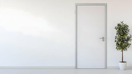 Modern Minimalist White Interior With Closed Door Potted Plant And Bright Natural Light