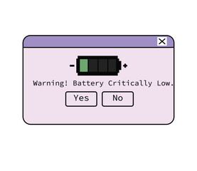 Computer dialog window in retro nostalgic style. Warning battery critically low, window alert in old 90s message box. Security popup, 00s UI design. Flat vector illustration isolated white background