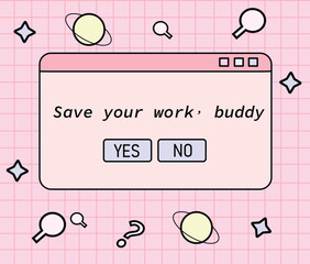 Vector illustration of retro computer funny error screen. Cute old desktop interface with various icons. 90s and y2k digital aesthetic. Vintage message frame for design