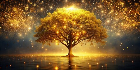 Vintage Golden Tree in Glowing Space: Celestial Cosmic Landscape Stock Photo