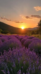 Fototapeta premium a lavender field with rows of purple flowers at sunset.