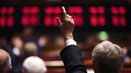 Enthusiastic crowd in formal attire at an auction, raising hands or white paddles with red numbers, capturing the vibrant energy and competitive spirit of auction culture.
