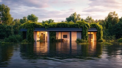 Obraz premium Flooded house surrounded by water with interior rooms full of water in a detailed and distressed state