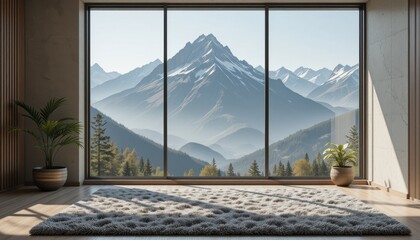 Stunning Mountain View from Modern Room Interior Design with Cozy Rug