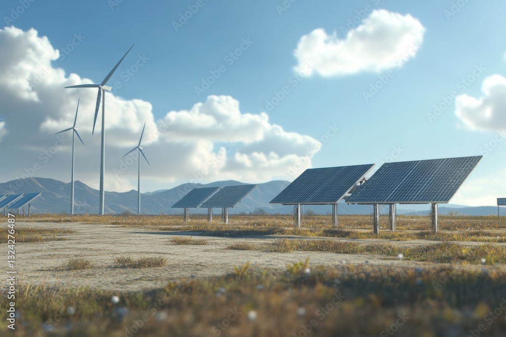 Aufkleber solar panels and wind turbines generating green energy in open field