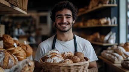 Handsome young man smiling in a bakery while holding a basket of assorted fresh bread with shelves of baked goods in the background