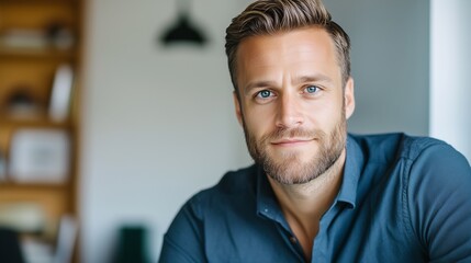 A serious and ambitious young businessman in his late 20s to early 30s, with a well-groomed beard, dressed in casual business attire.