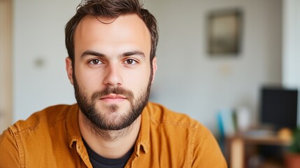 Obraz premium A serious and ambitious young businessman in his late 20s to early 30s, with a well-groomed beard, dressed in casual business attire.