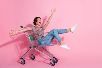 Photo of crazy funky cheerful girl wear stylish clothes riding cart empty space isolated on pink...