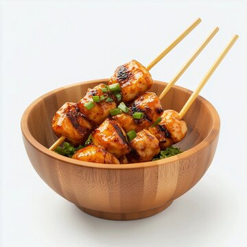 Eomuk fish cake skewer on wooden bowl Korean street food,  isolated white