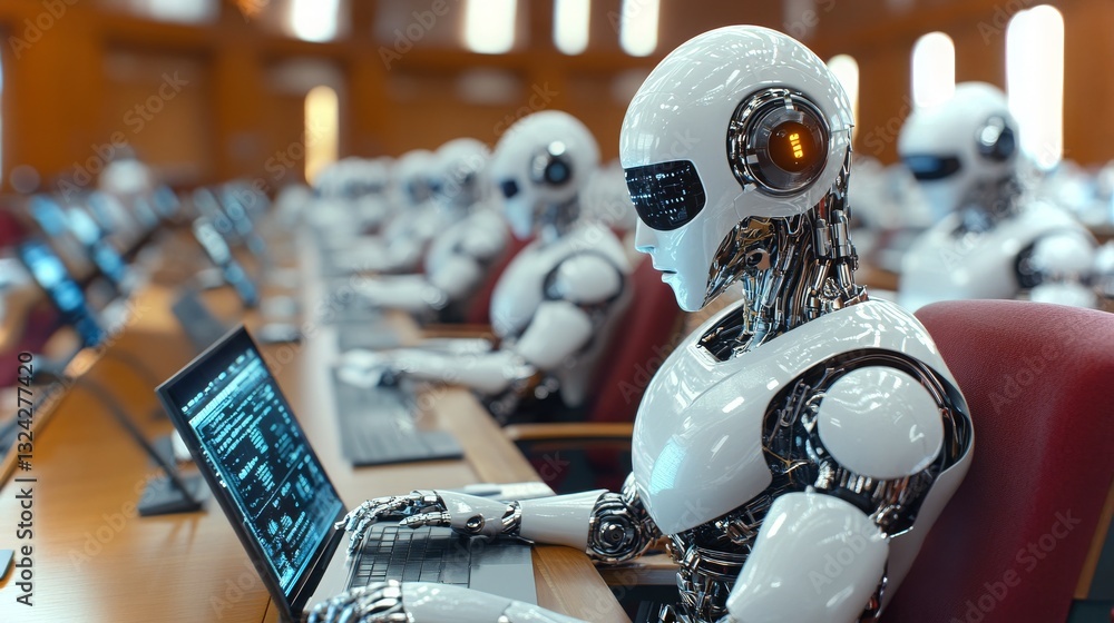 Poster robots engaged in advanced computing tasks in a modern conference hall setting