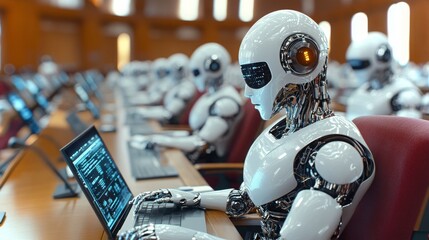 Robots engaged in advanced computing tasks in a modern conference hall setting