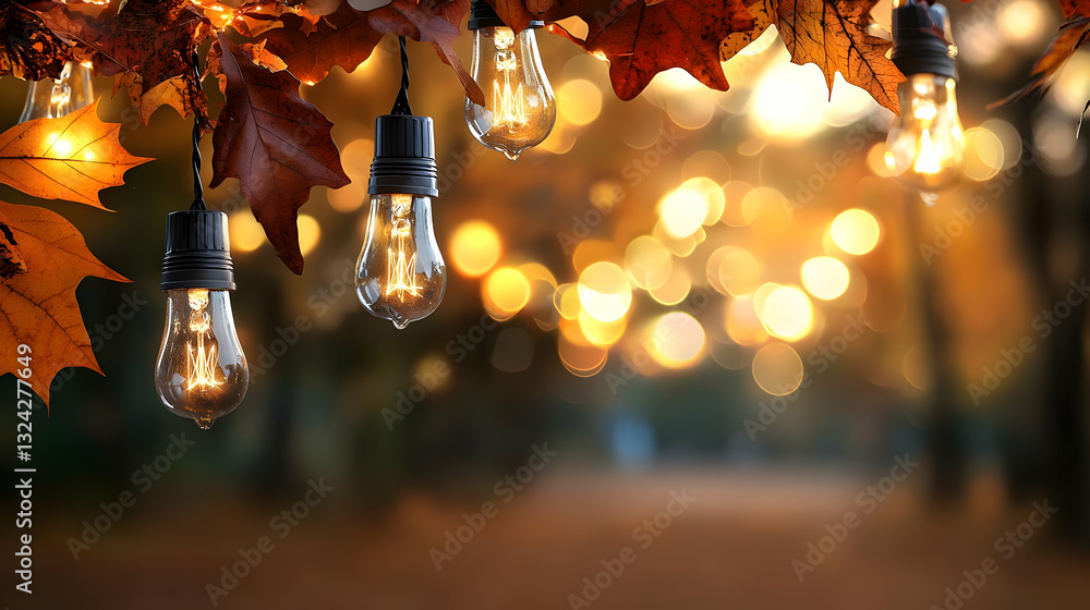 Poster glowing string lights with warm bokeh effect adorning autumn leaves in evening forest