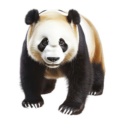 Adorable panda bear sitting gracefully in a natural habitat surrounded by green bamboo and lush vegetation isolated on a white background.