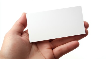 Obraz premium A hand holding a rectangular blank business card against a white background, offering plenty of copy space for customization, clean and professional design.