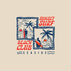 Sunset surf beach club seaside beach hand drawn vector illustration t shirt print