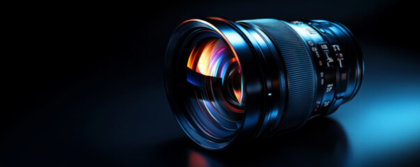 Close-up of a professional camera lens with a warm glow