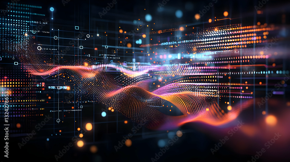 Poster abstract digital network with orange and blue data streams over a black background