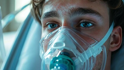 Patient in Focus: A close-up shot captures a patient with intense eyes, wearing a transparent oxygen mask, conveying a story of vulnerability, hope, and medical care in the face of health challenges.