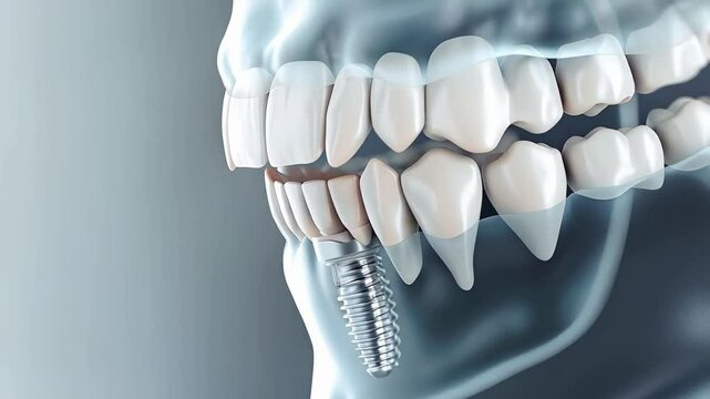 Transparent human jaw displaying detailed dental implant placement, highlighting advanced restoration method with surgical precision